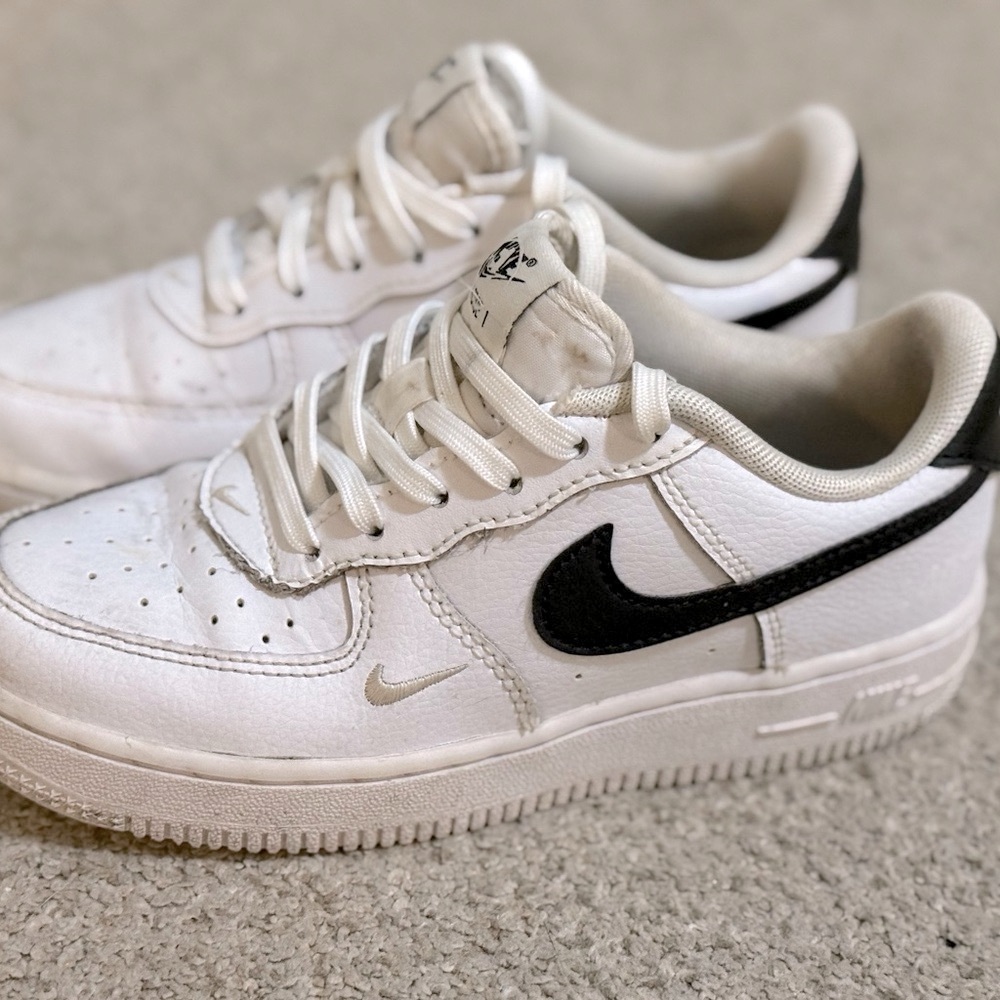 Nike White and Black Air Force 1’s with Leather Upper and Chunky Sole
